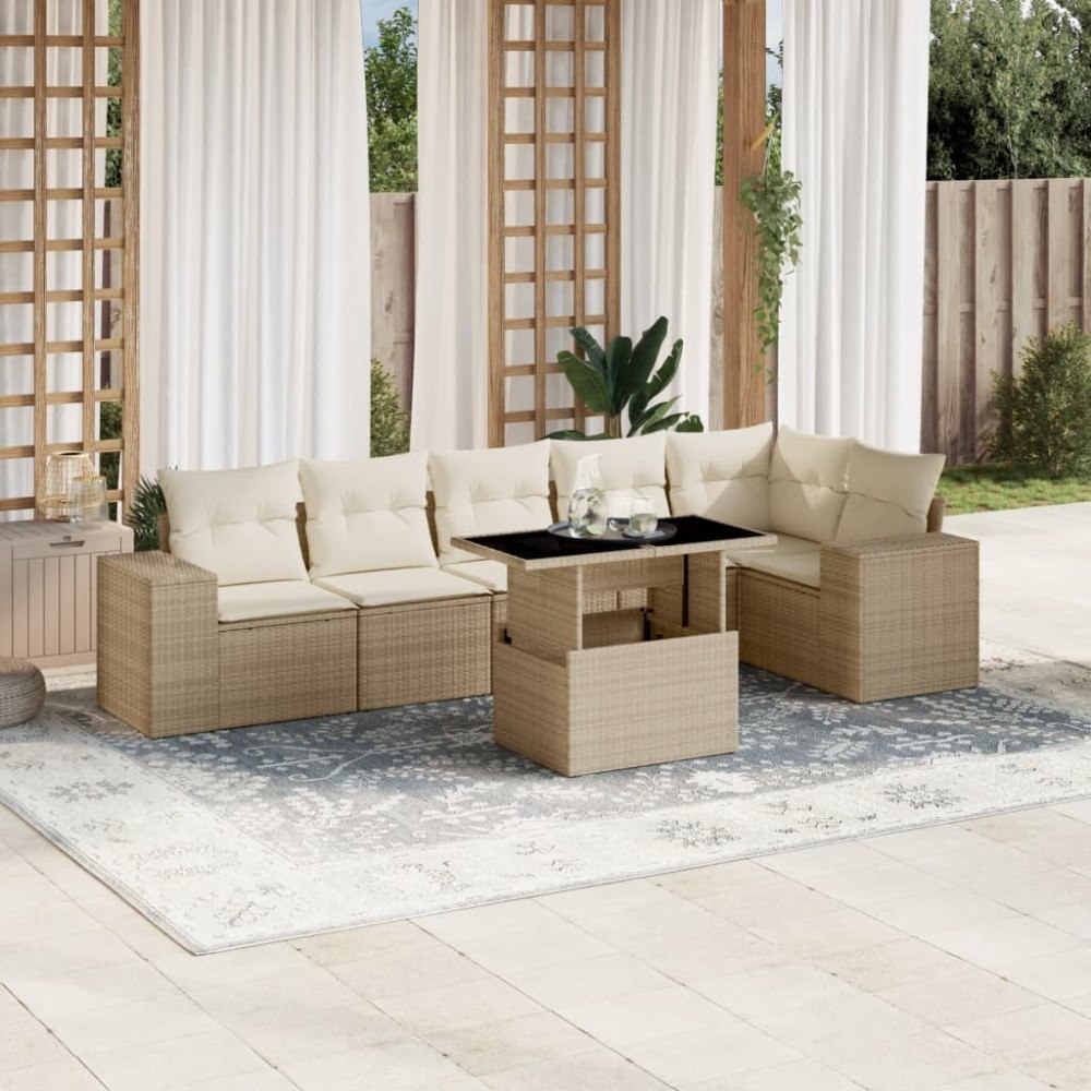 vidaXL Matgrupp för trädgården med dynor 7 delar beige konstrotting