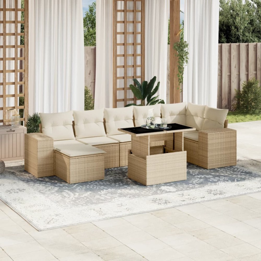 vidaXL Matgrupp för trädgården med dynor 8 delar beige konstrotting
