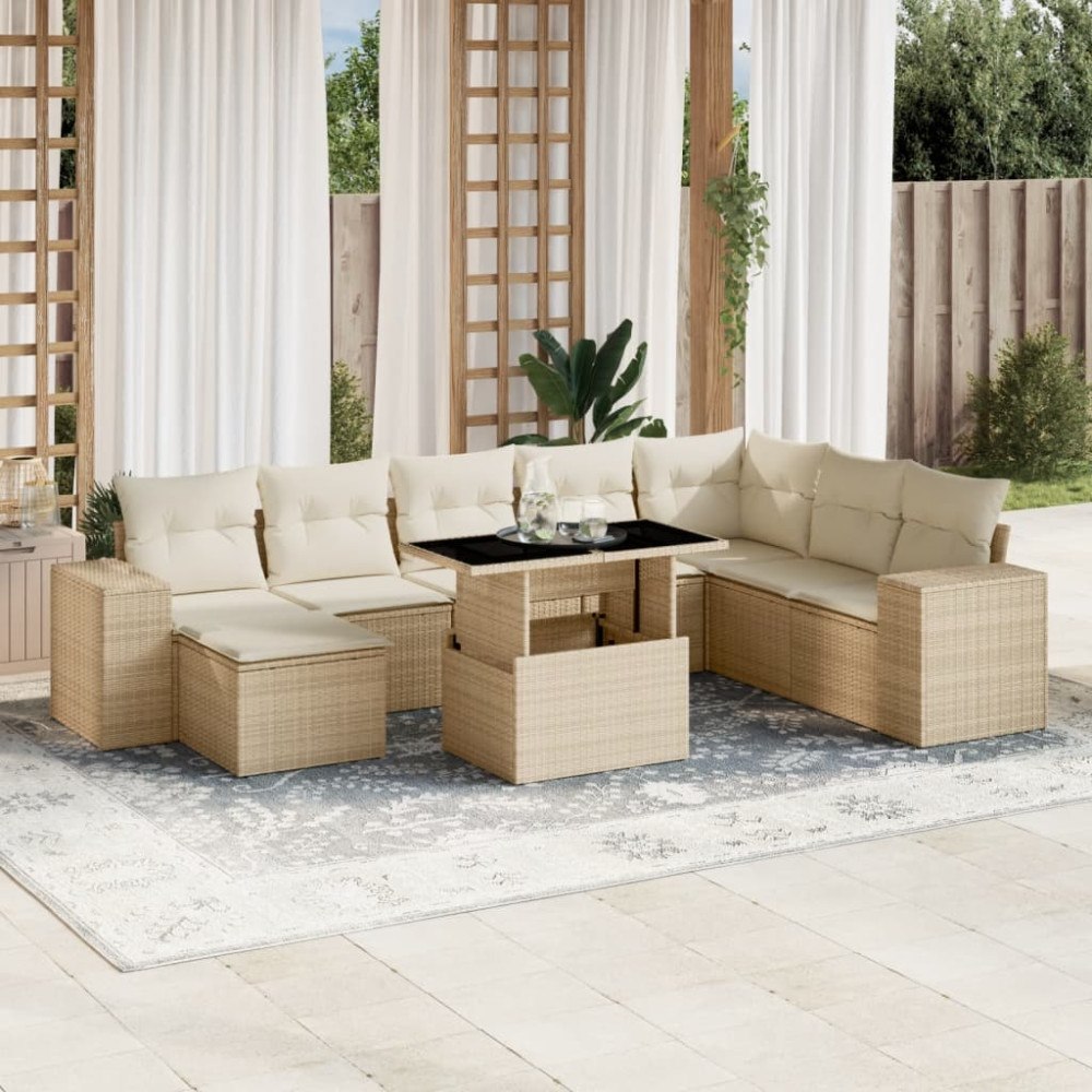 vidaXL Soffgrupp för trädgården med dynor 9 delar beige konstrotting