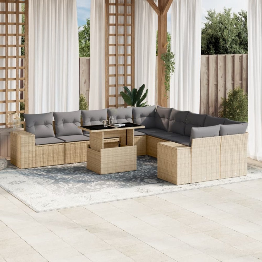 vidaXL Loungegrupp för trädgården m. dynor 11 delar beige konstrotting