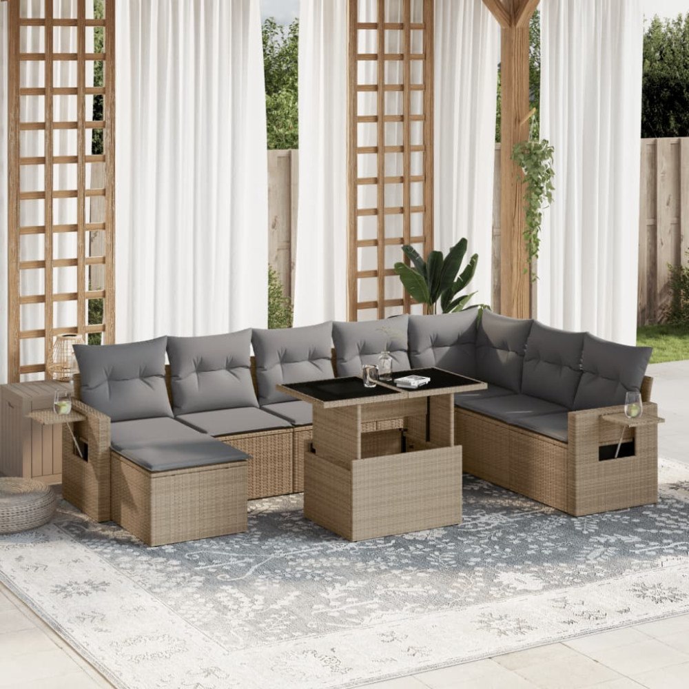 vidaXL Soffgrupp för trädgården med dynor 9 delar beige konstrotting