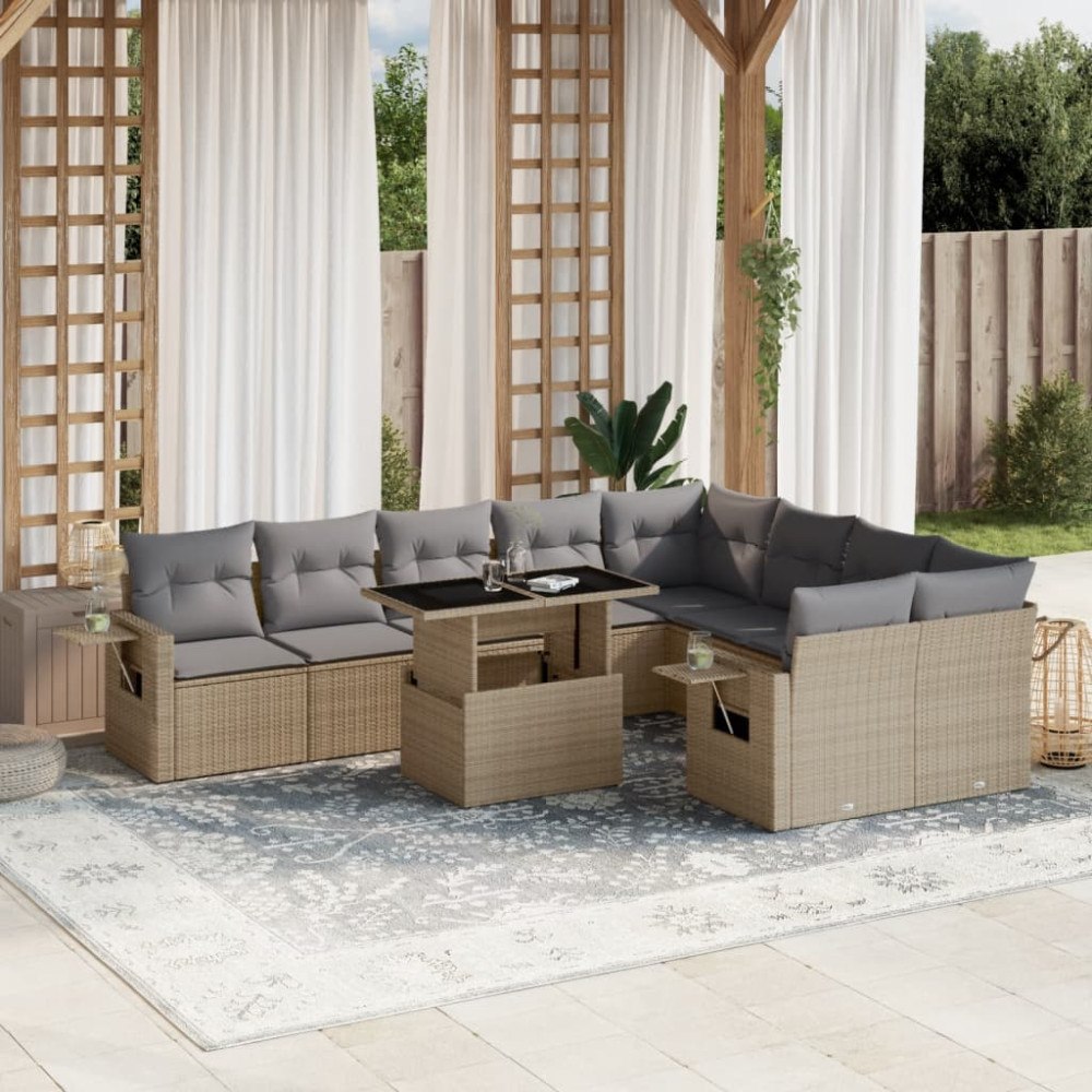 vidaXL Soffgrupp för trädgård med dynor 10 delar beige konstrotting