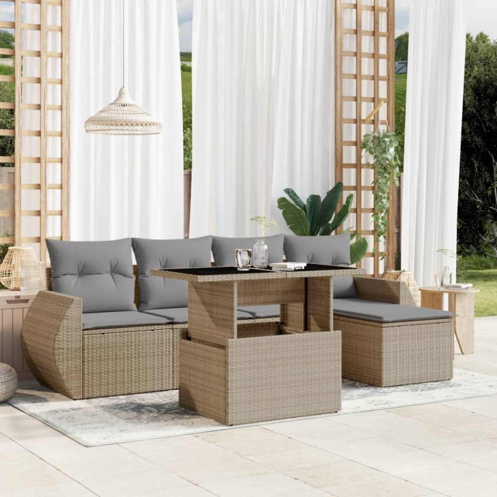 vidaXL Soffgrupp för trädgården med dynor 6 delar beige konstrotting