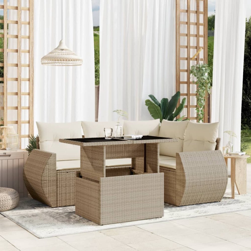 vidaXL Soffgrupp för trädgården med dynor 5 delar beige konstrotting