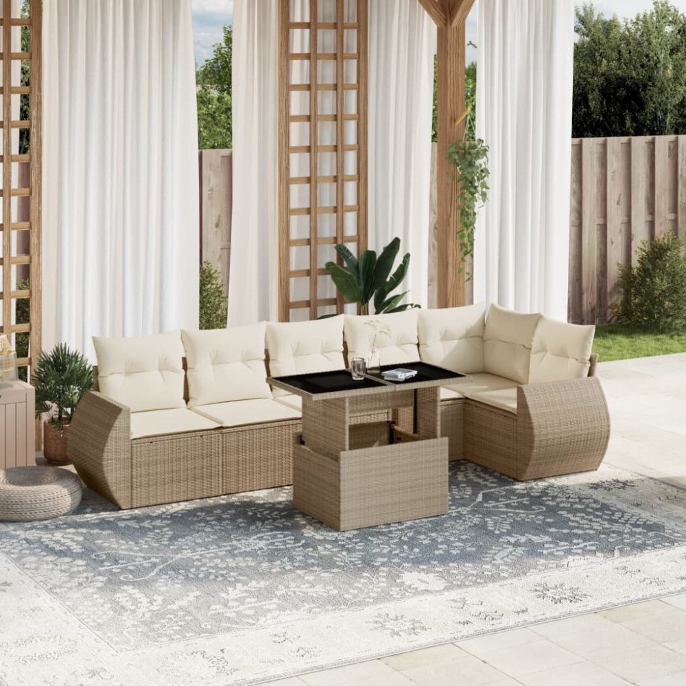 vidaXL Matgrupp för trädgården med dynor 7 delar beige konstrotting