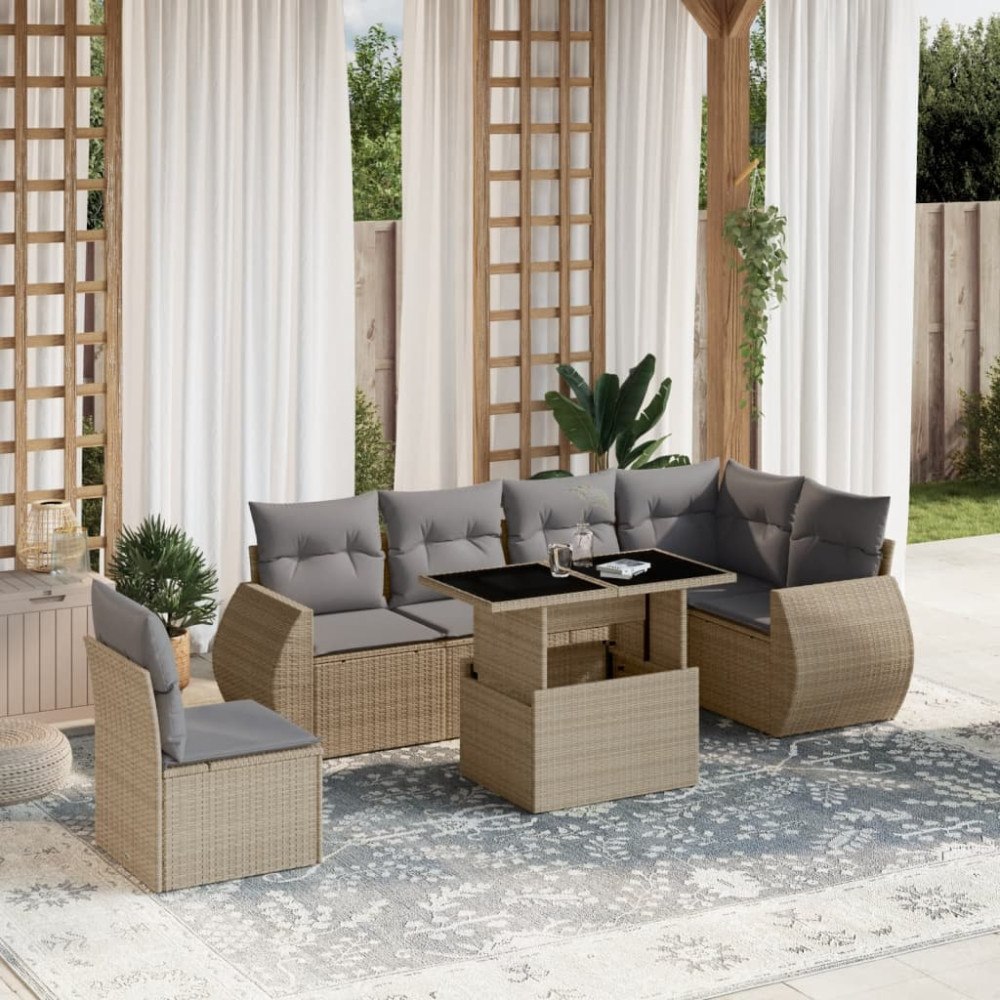 vidaXL Matgrupp för trädgården med dynor 7 delar beige konstrotting
