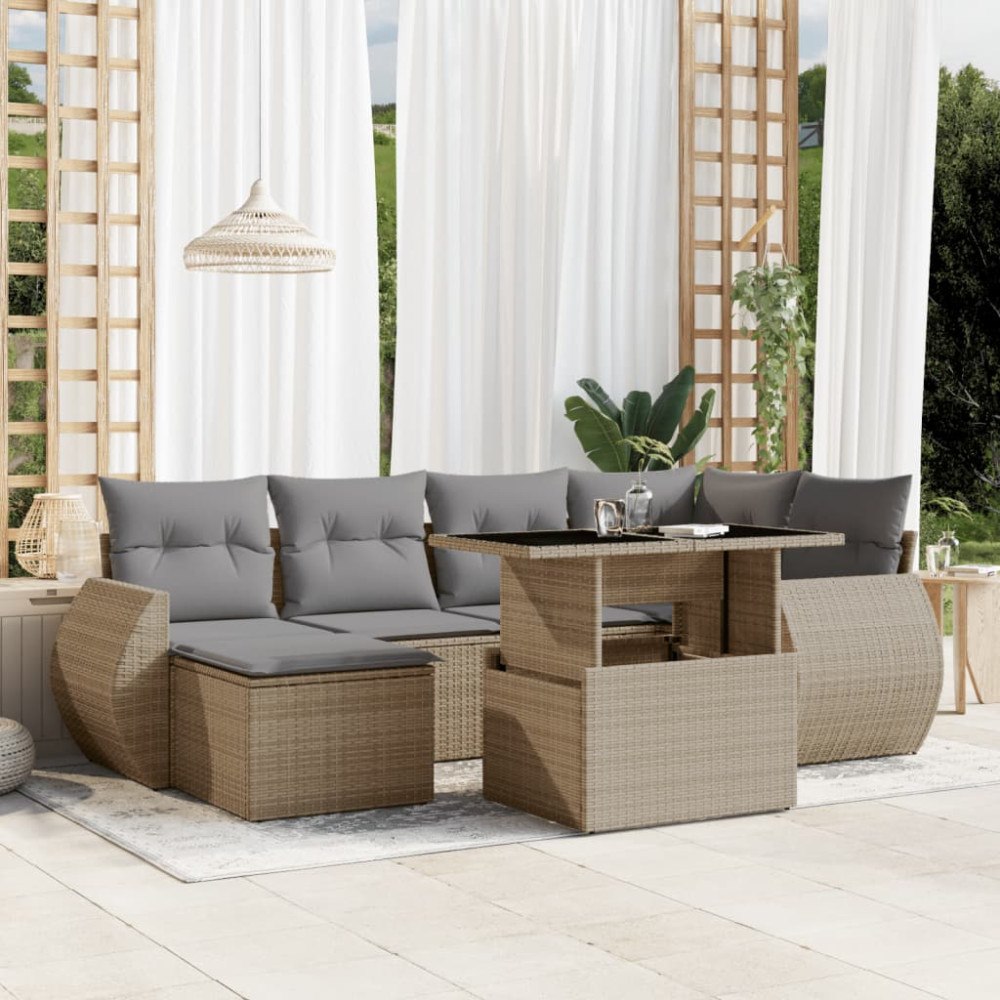vidaXL Matgrupp för trädgården med dynor 7 delar beige konstrotting