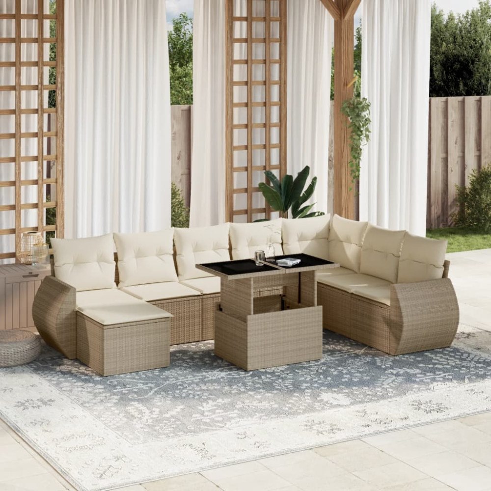 vidaXL Soffgrupp för trädgården med dynor 9 delar beige konstrotting
