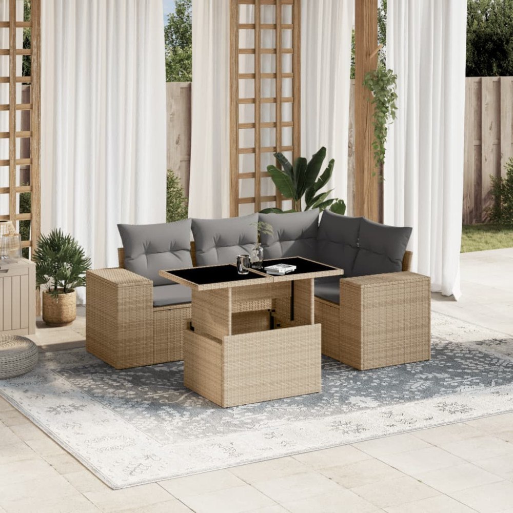 vidaXL Soffgrupp för trädgården med dynor 5 delar beige konstrotting