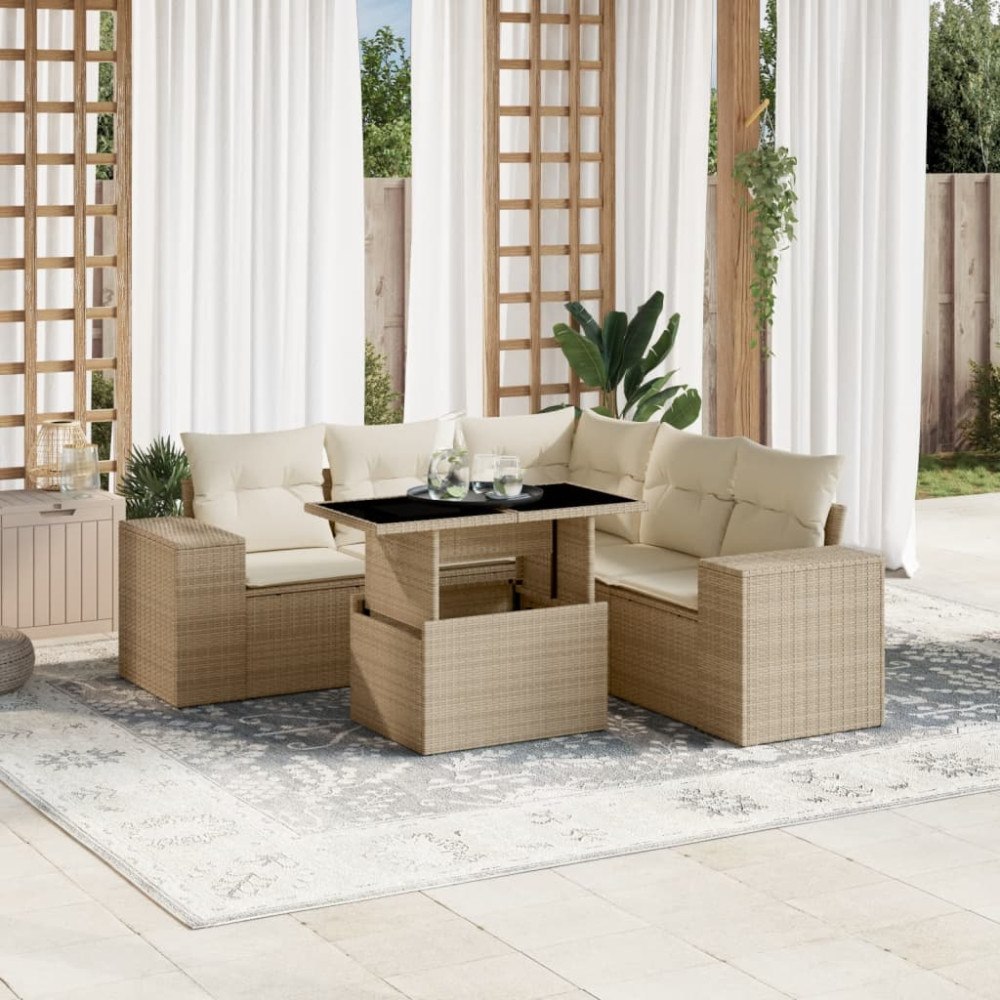 vidaXL Soffgrupp för trädgården med dynor 6 delar beige konstrotting