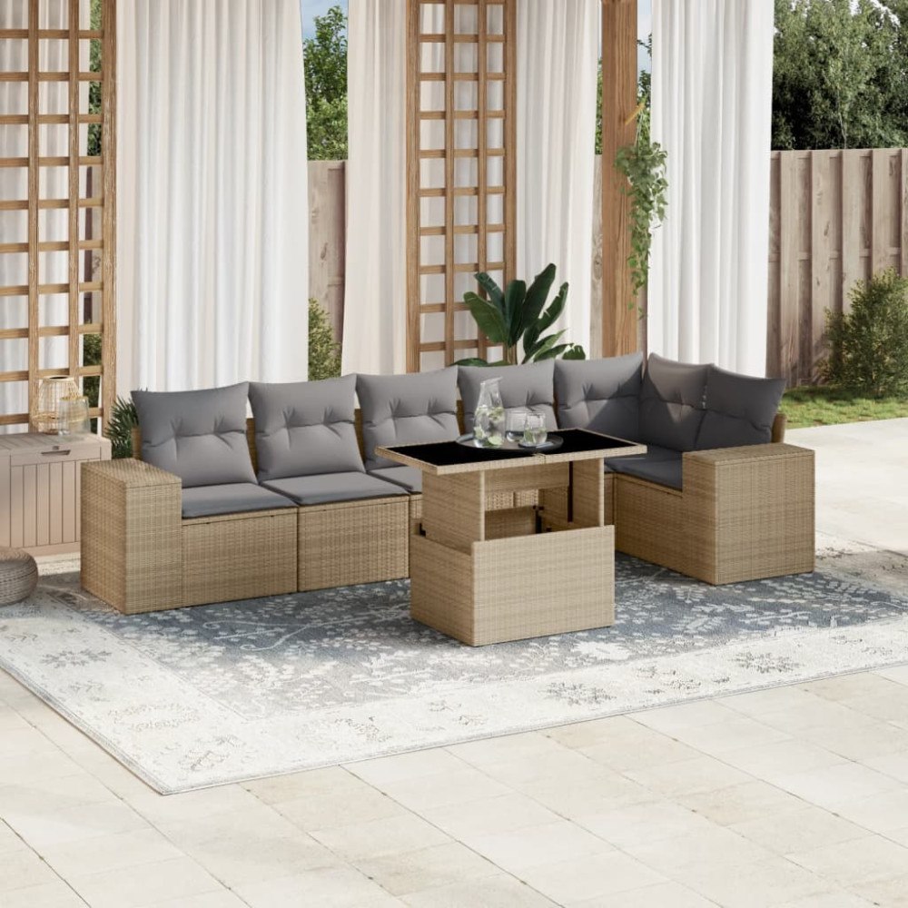 vidaXL Matgrupp för trädgården med dynor 7 delar beige konstrotting