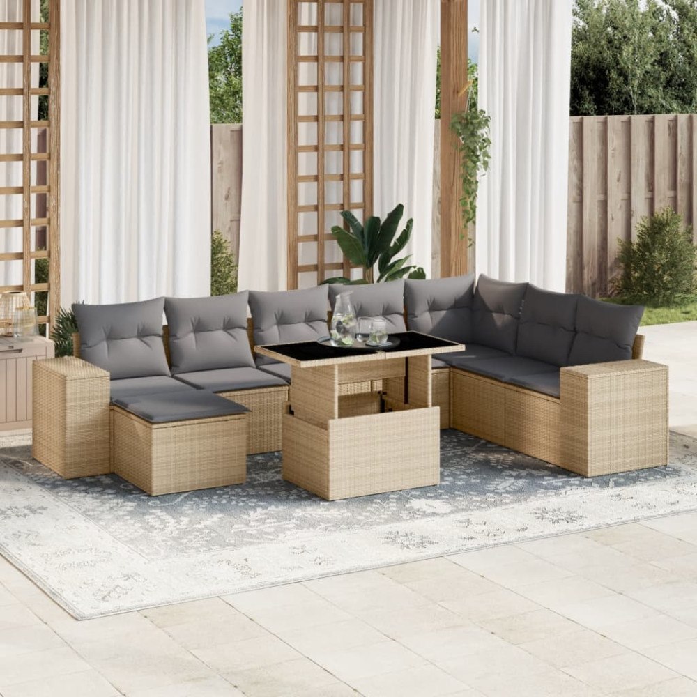vidaXL Soffgrupp för trädgården med dynor 9 delar beige konstrotting