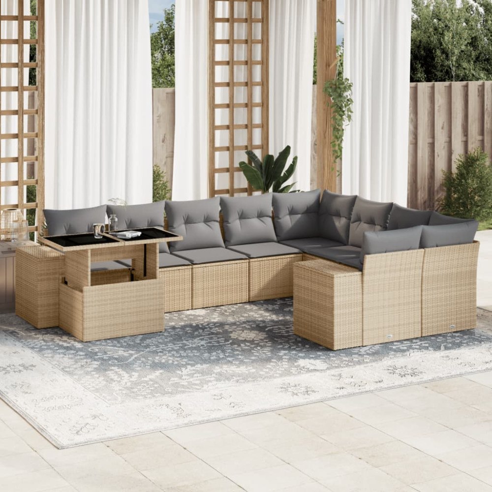 vidaXL Soffgrupp för trädgård med dynor 10 delar beige konstrotting