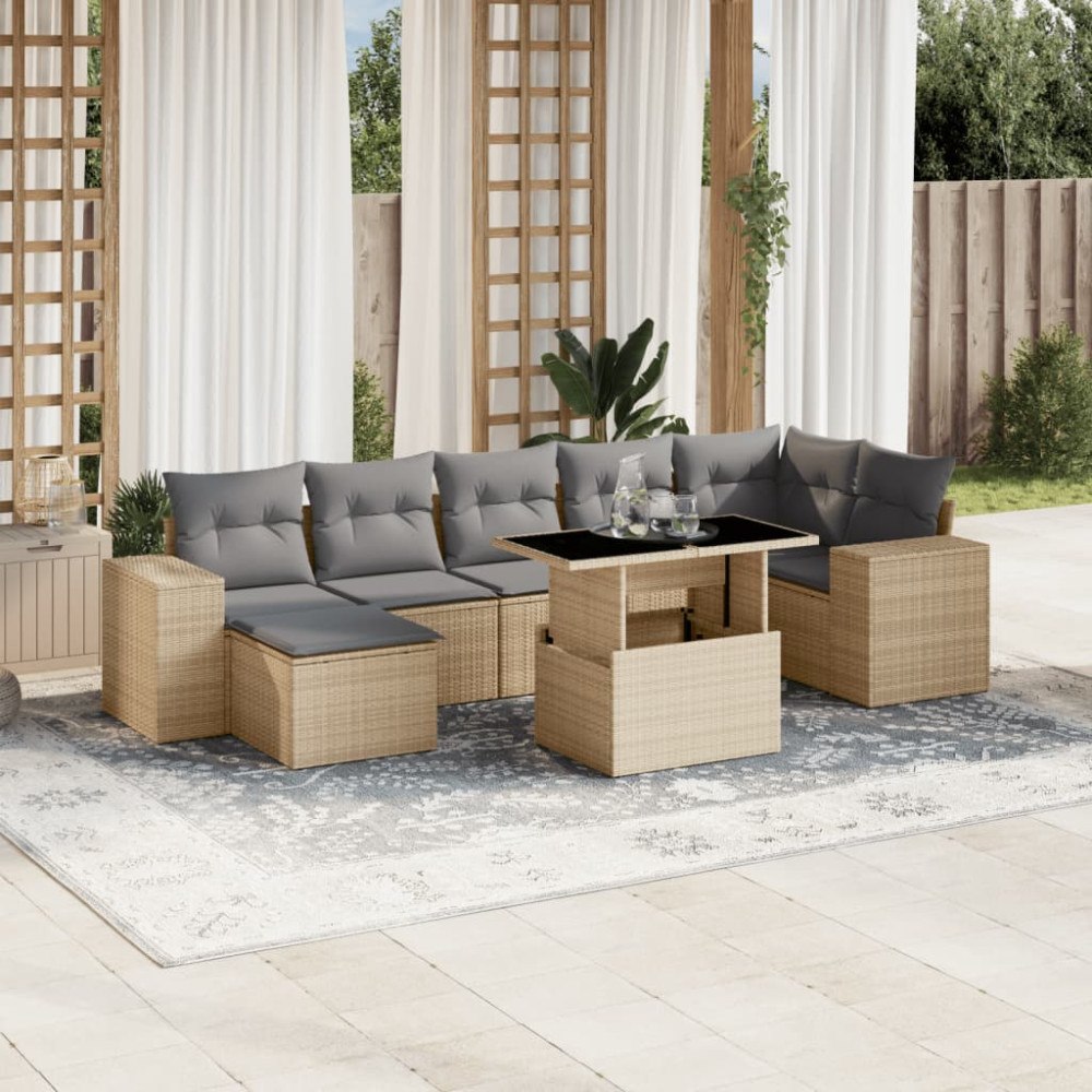 vidaXL Matgrupp för trädgården med dynor 8 delar beige konstrotting