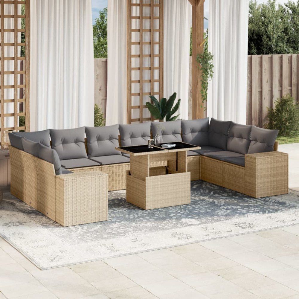 vidaXL Loungegrupp för trädgården m. dynor 11 delar beige konstrotting