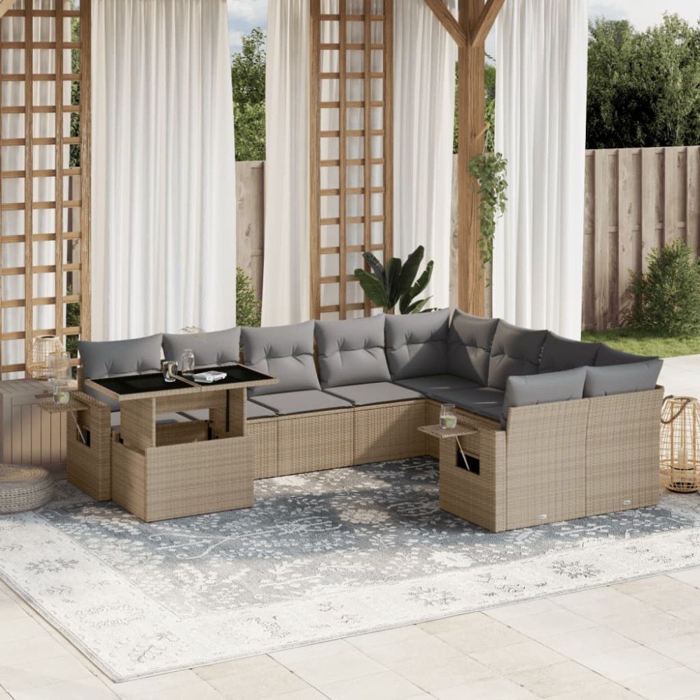 vidaXL Soffgrupp för trädgård med dynor 10 delar beige konstrotting