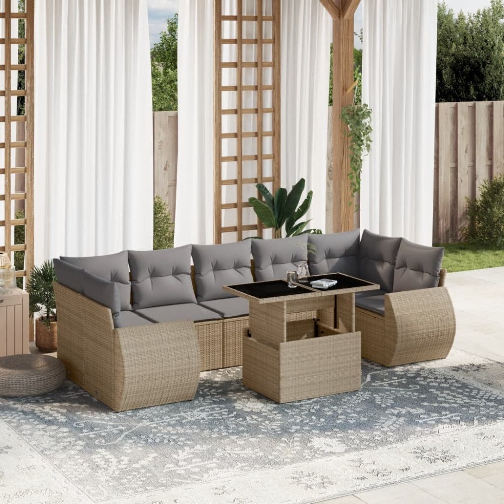 vidaXL Matgrupp för trädgården med dynor 8 delar beige konstrotting