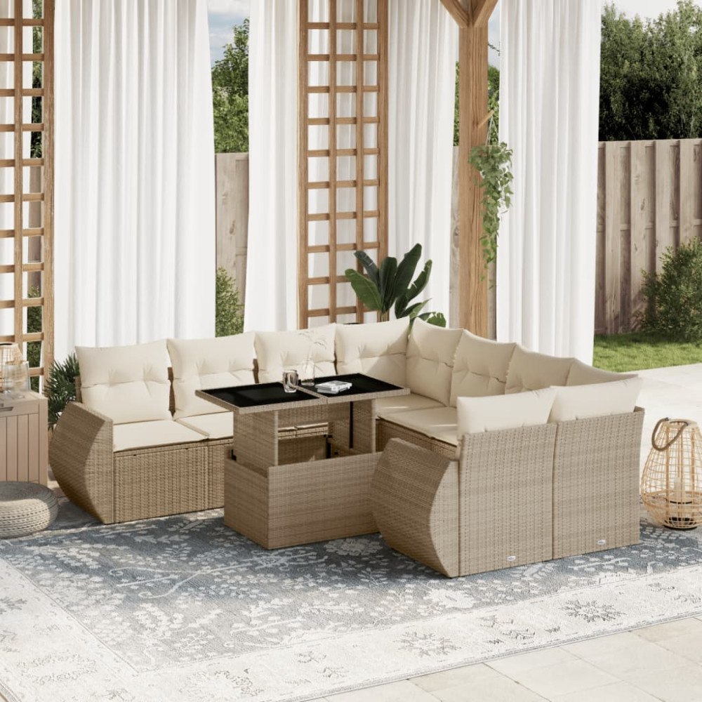 vidaXL Soffgrupp för trädgården med dynor 9 delar beige konstrotting