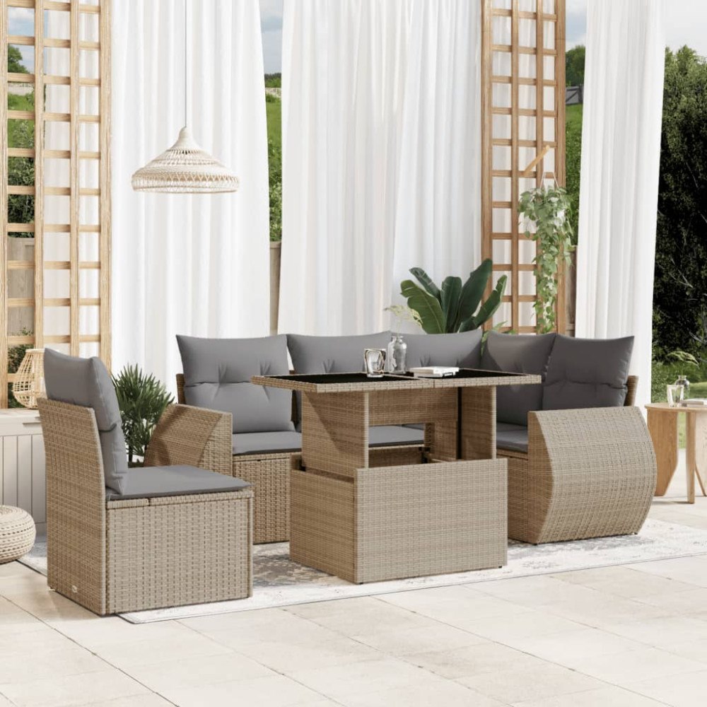 vidaXL Soffgrupp för trädgården med dynor 6 delar beige konstrotting