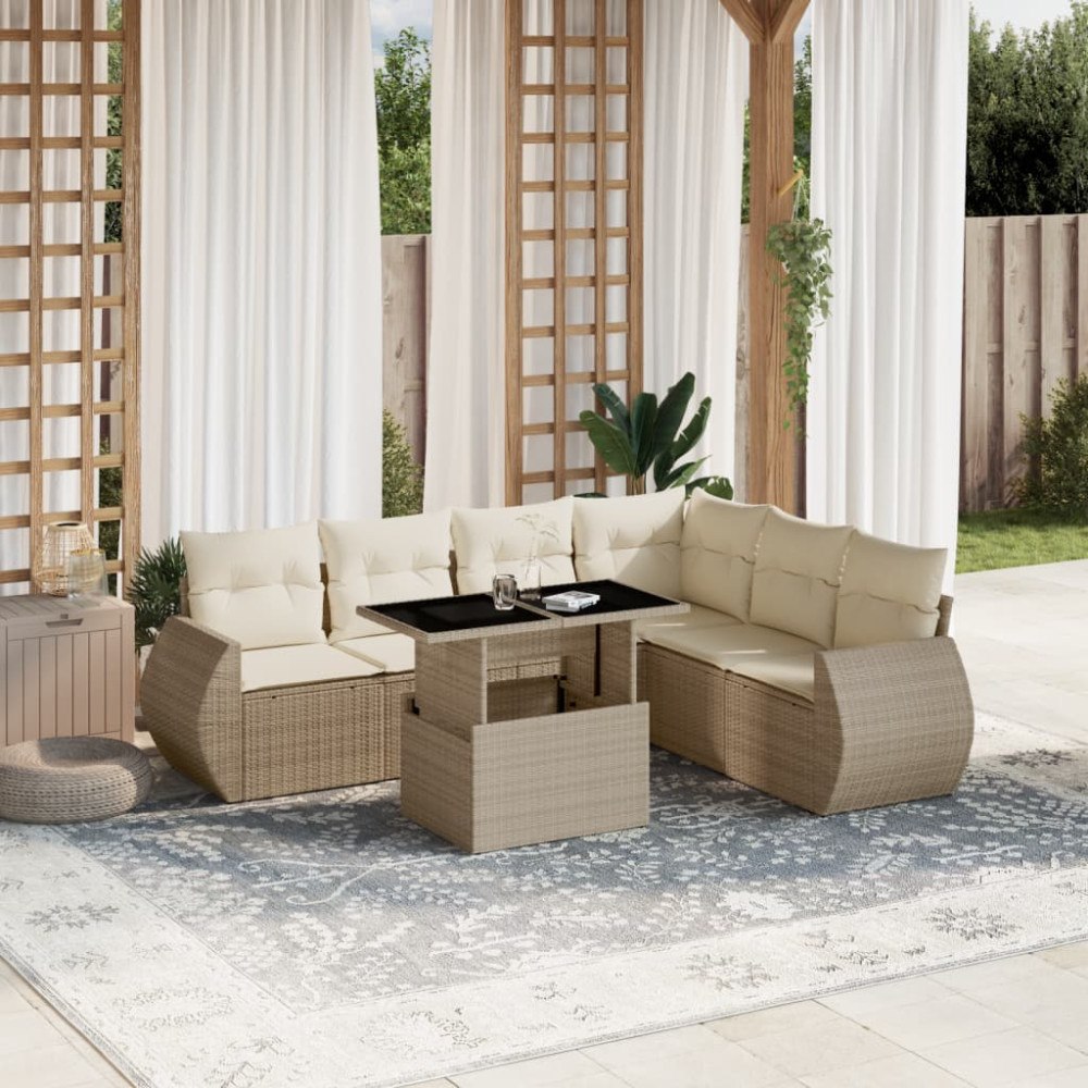 vidaXL Matgrupp för trädgården med dynor 7 delar beige konstrotting