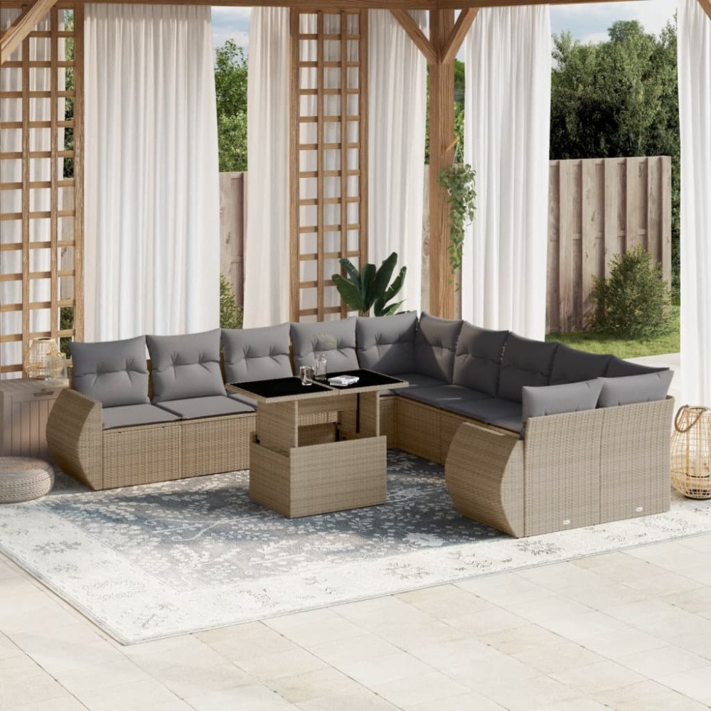 vidaXL Loungegrupp för trädgården m. dynor 11 delar beige konstrotting