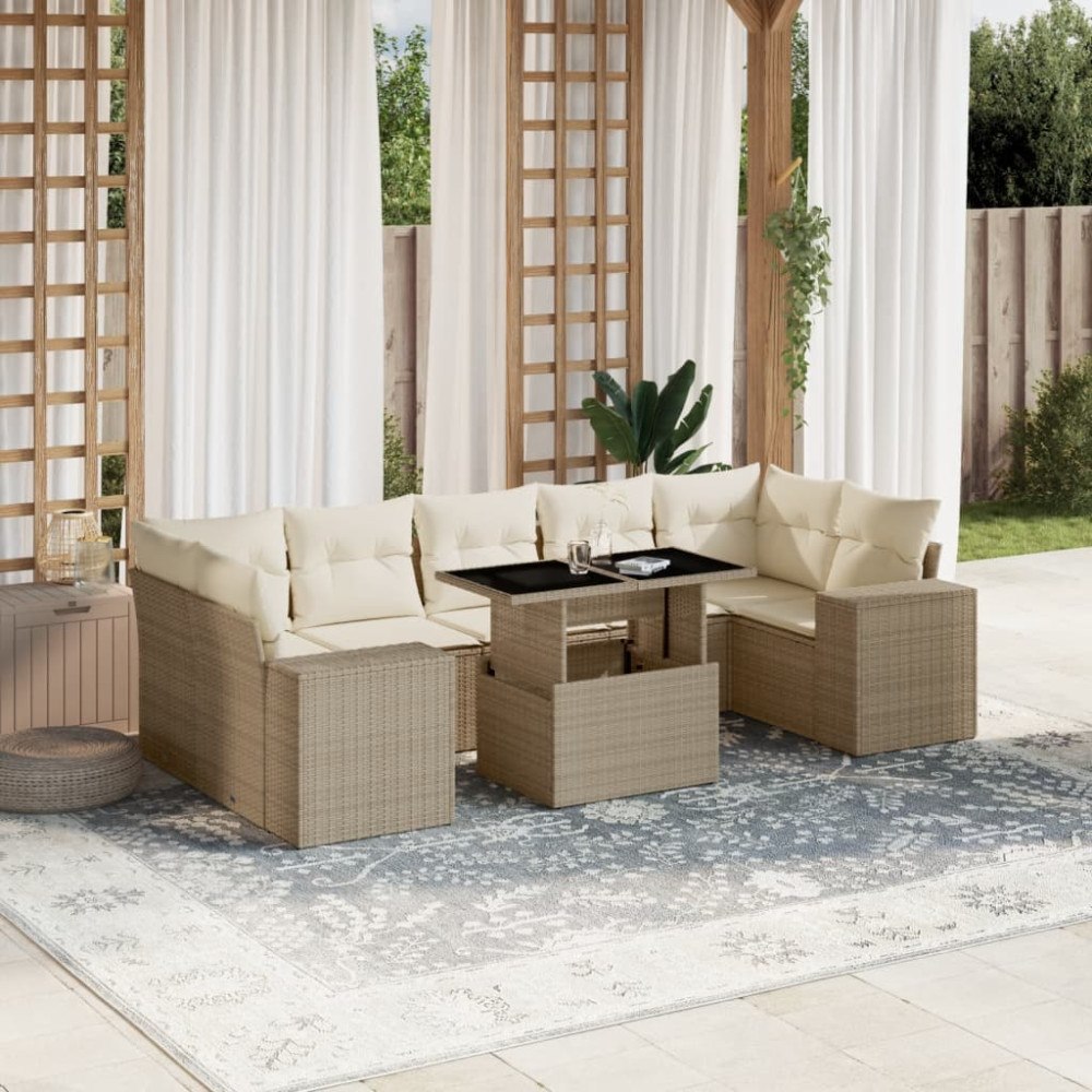 vidaXL Matgrupp för trädgården med dynor 8 delar beige konstrotting