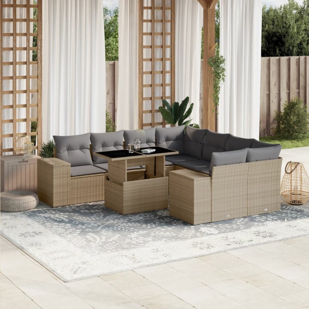 vidaXL Soffgrupp för trädgården med dynor 9 delar beige konstrotting