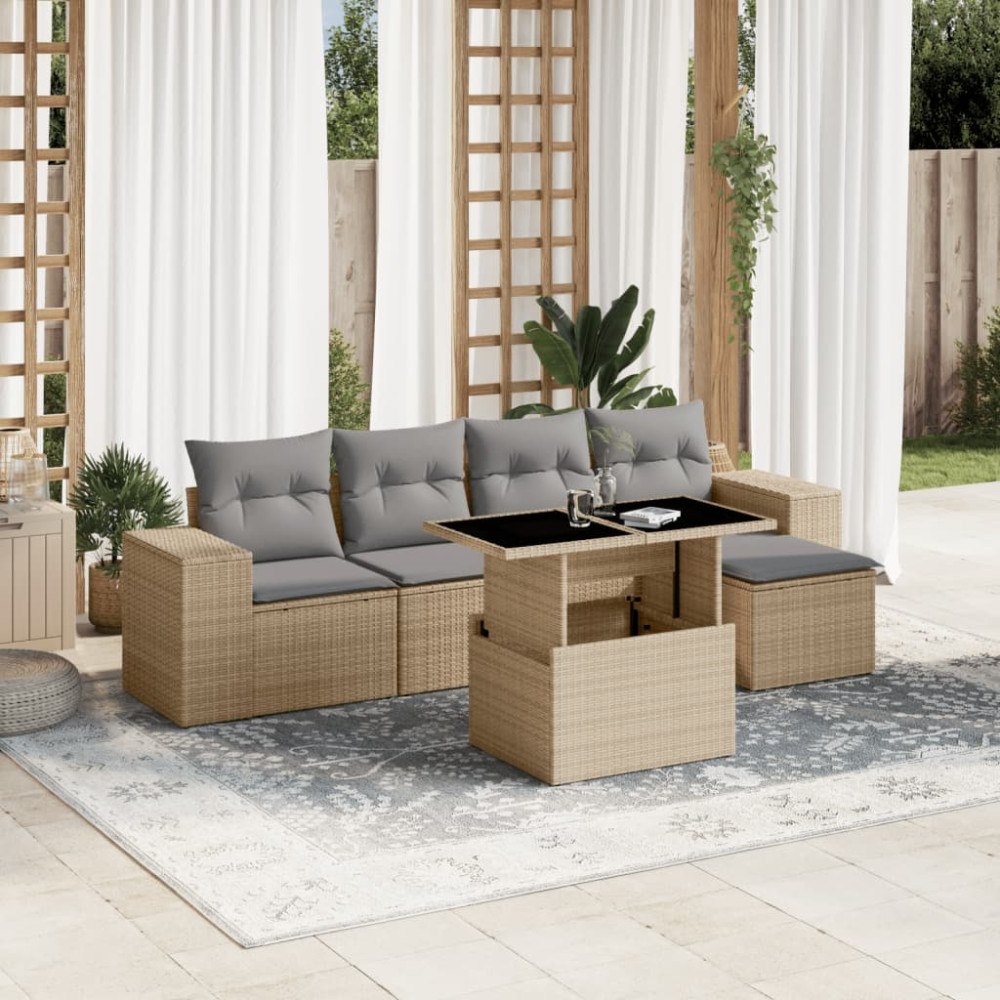 vidaXL Soffgrupp för trädgården med dynor 6 delar beige konstrotting