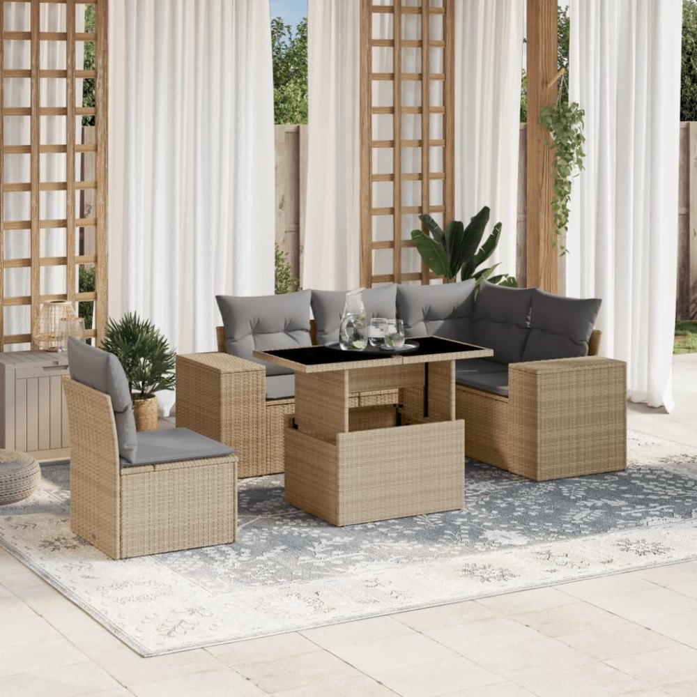 vidaXL Soffgrupp för trädgården med dynor 6 delar beige konstrotting
