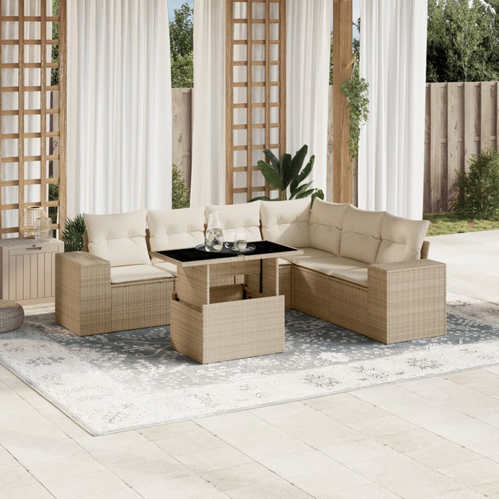 vidaXL Matgrupp för trädgården med dynor 7 delar beige konstrotting