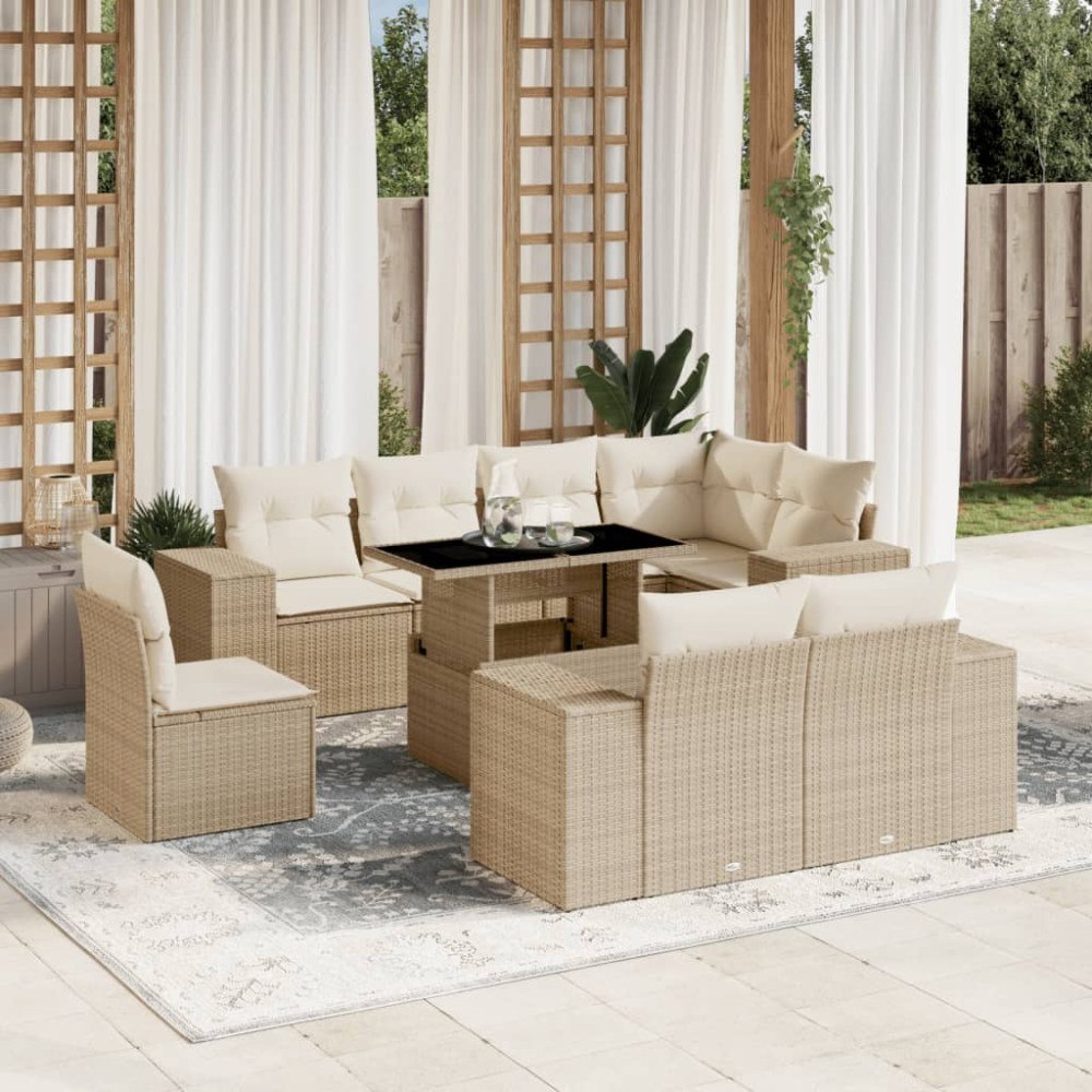 vidaXL Soffgrupp för trädgården med dynor 9 delar beige konstrotting