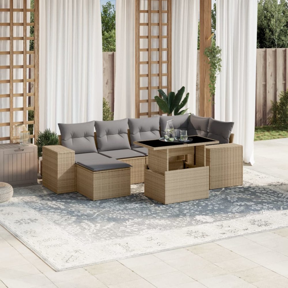 vidaXL Matgrupp för trädgården med dynor 7 delar beige konstrotting