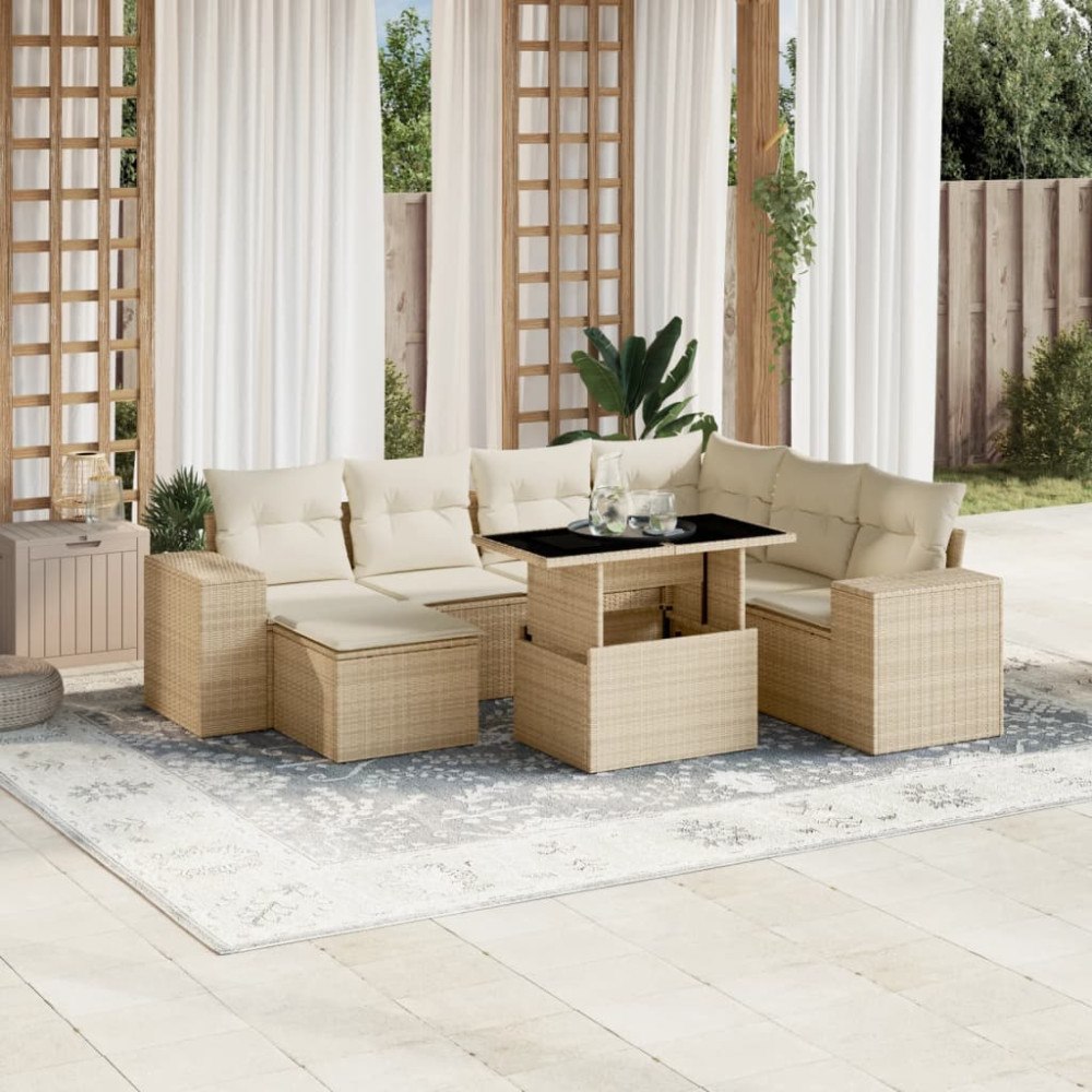 vidaXL Matgrupp för trädgården med dynor 8 delar beige konstrotting