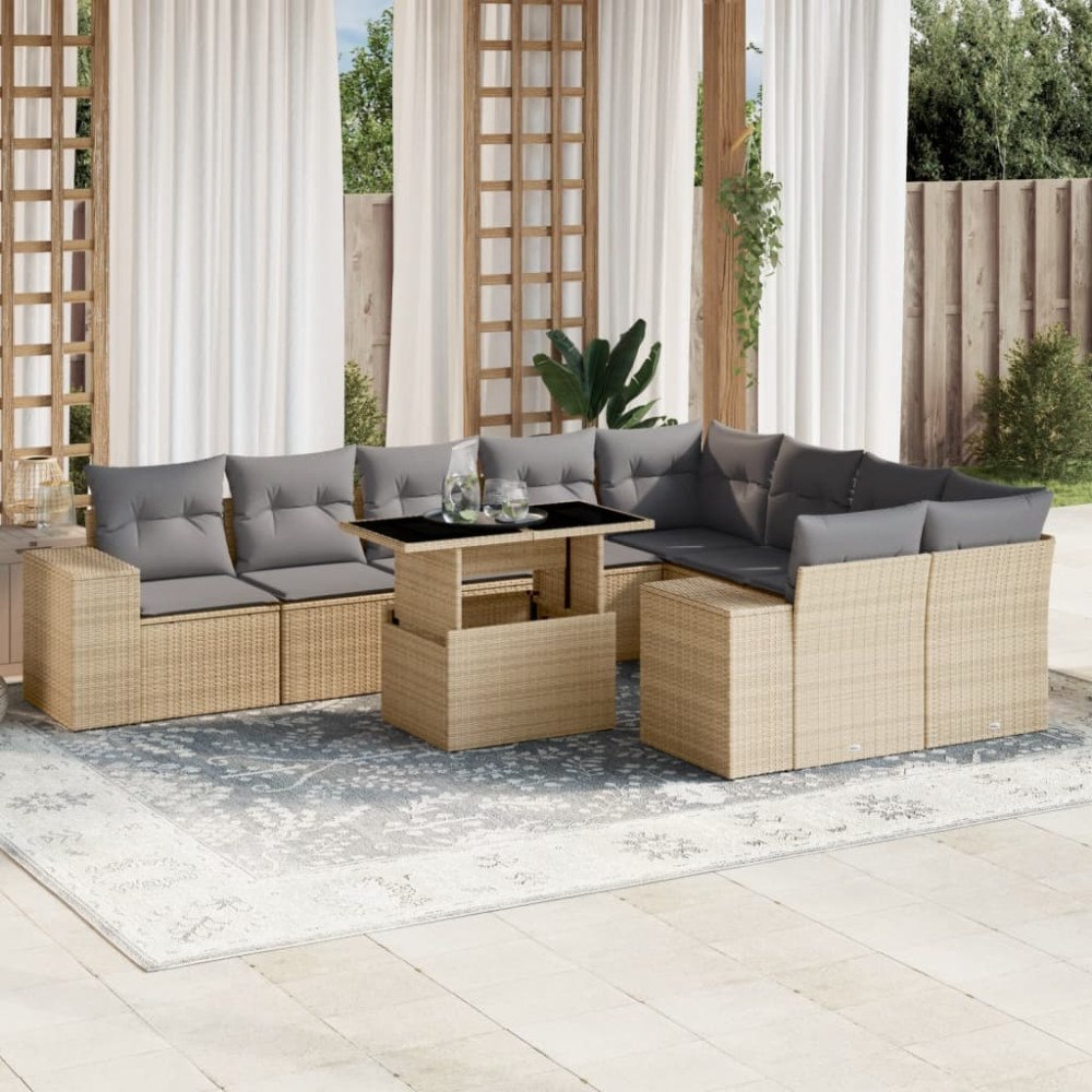 vidaXL Soffgrupp för trädgård med dynor 10 delar beige konstrotting