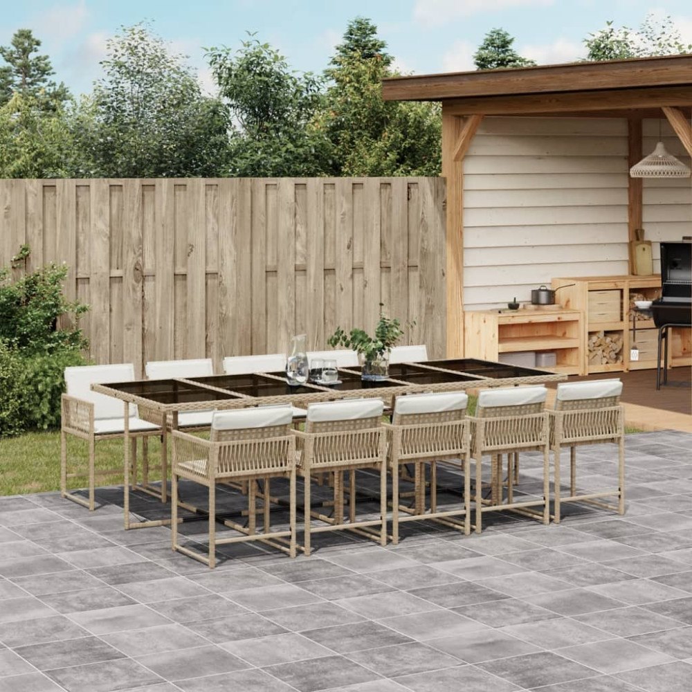 vidaXL Matgrupp för trädgården med dynor 11 delar beige konstrotting