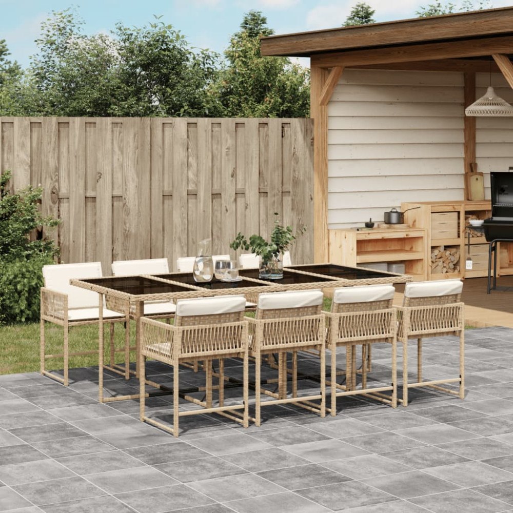 vidaXL Matgrupp för trädgården med dynor 9 delar beige konstrotting