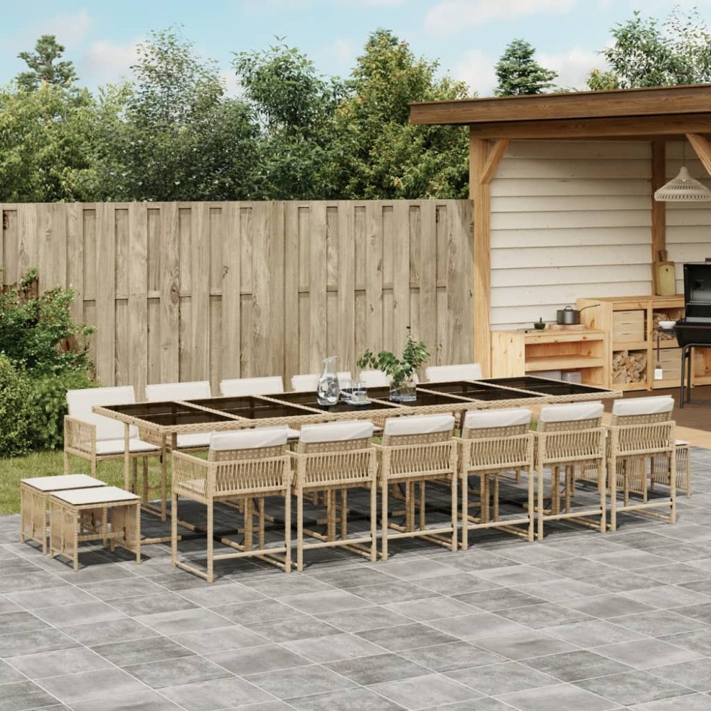 vidaXL Matgrupp för trädgården med dynor 17 delar beige konstrotting