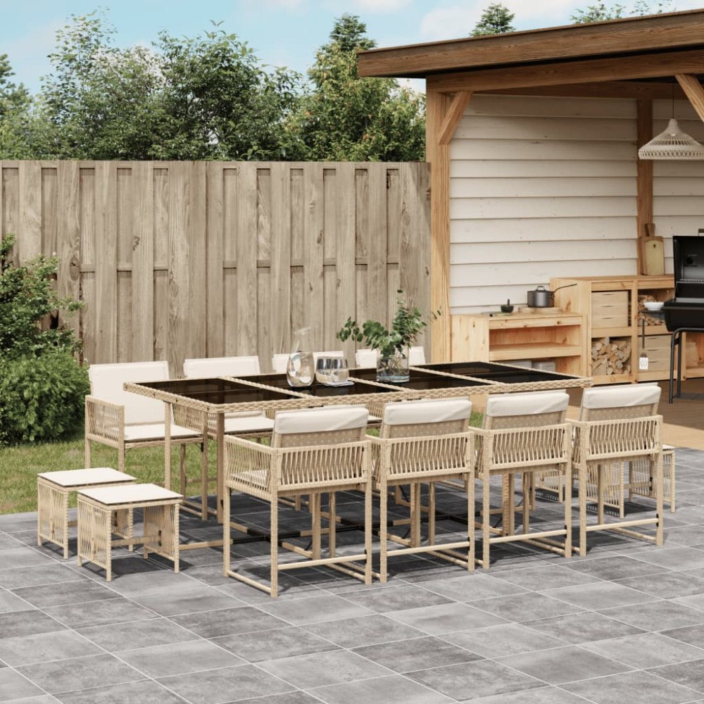 vidaXL Matgrupp för trädgården med dynor 13 delar beige konstrotting