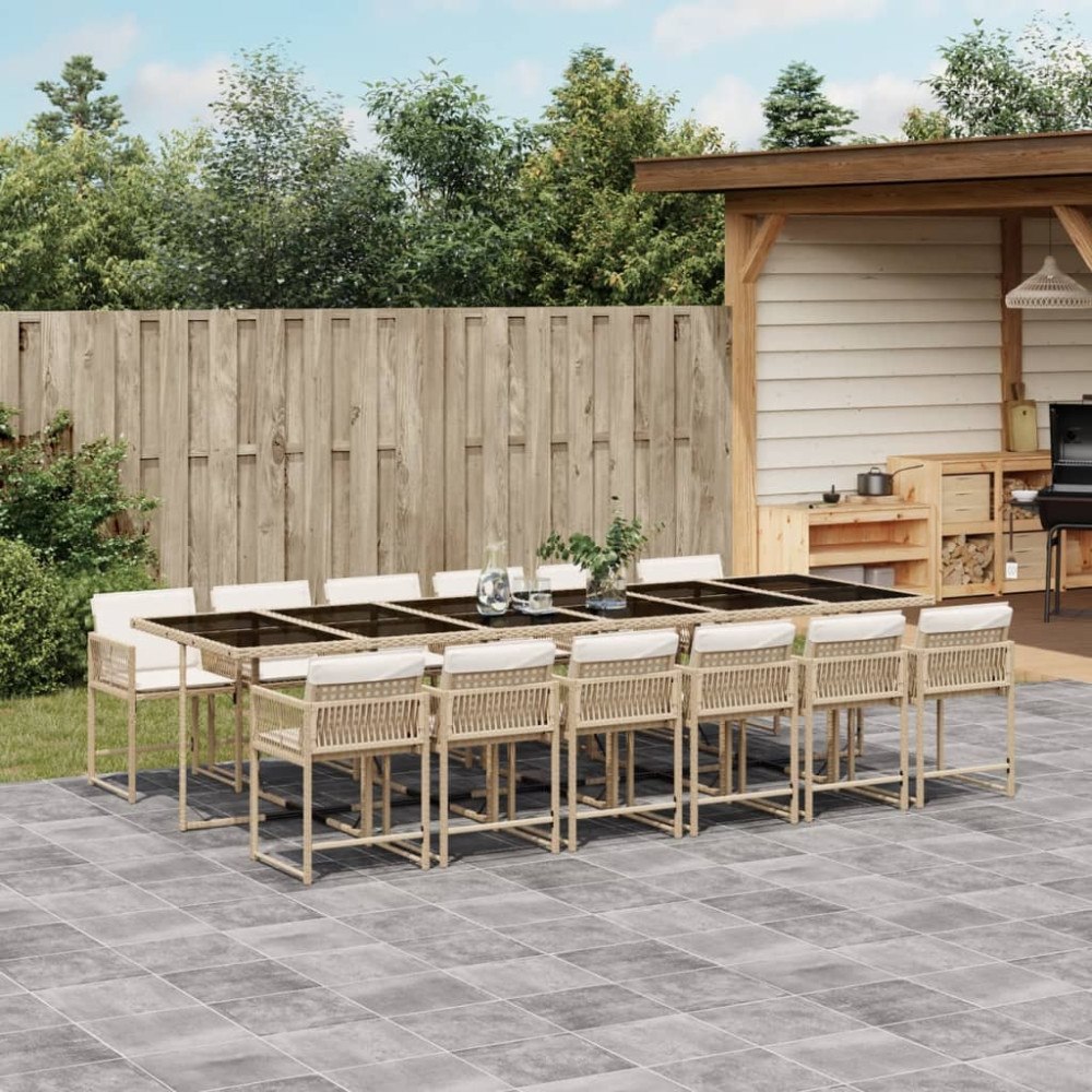 vidaXL Matgrupp för trädgården med dynor 13 delar beige konstrotting