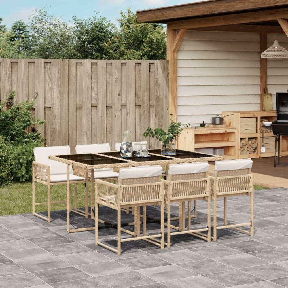 vidaXL Matgrupp för trädgården med dynor 7 delar beige konstrotting