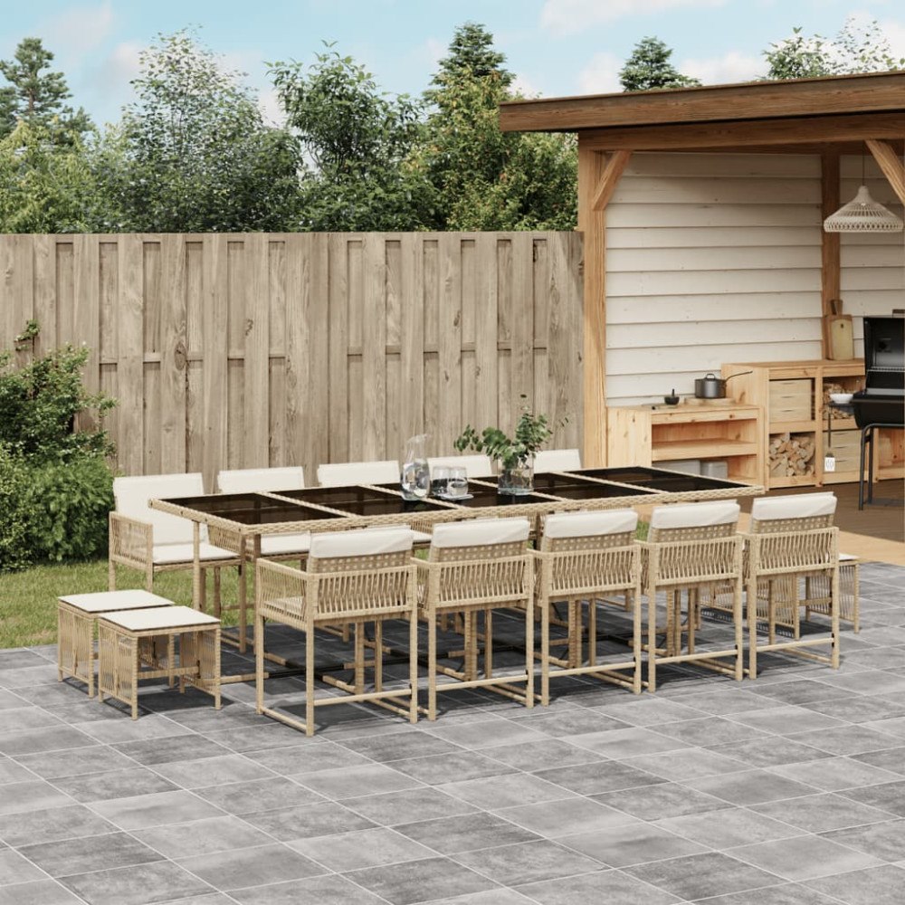 vidaXL Matgrupp för trädgården med dynor 15 delar beige konstrotting