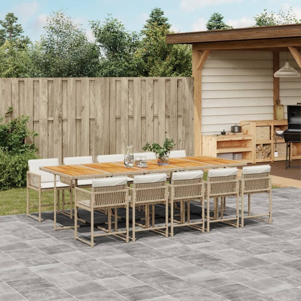 vidaXL Matgrupp för trädgården med dynor 11 delar beige konstrotting