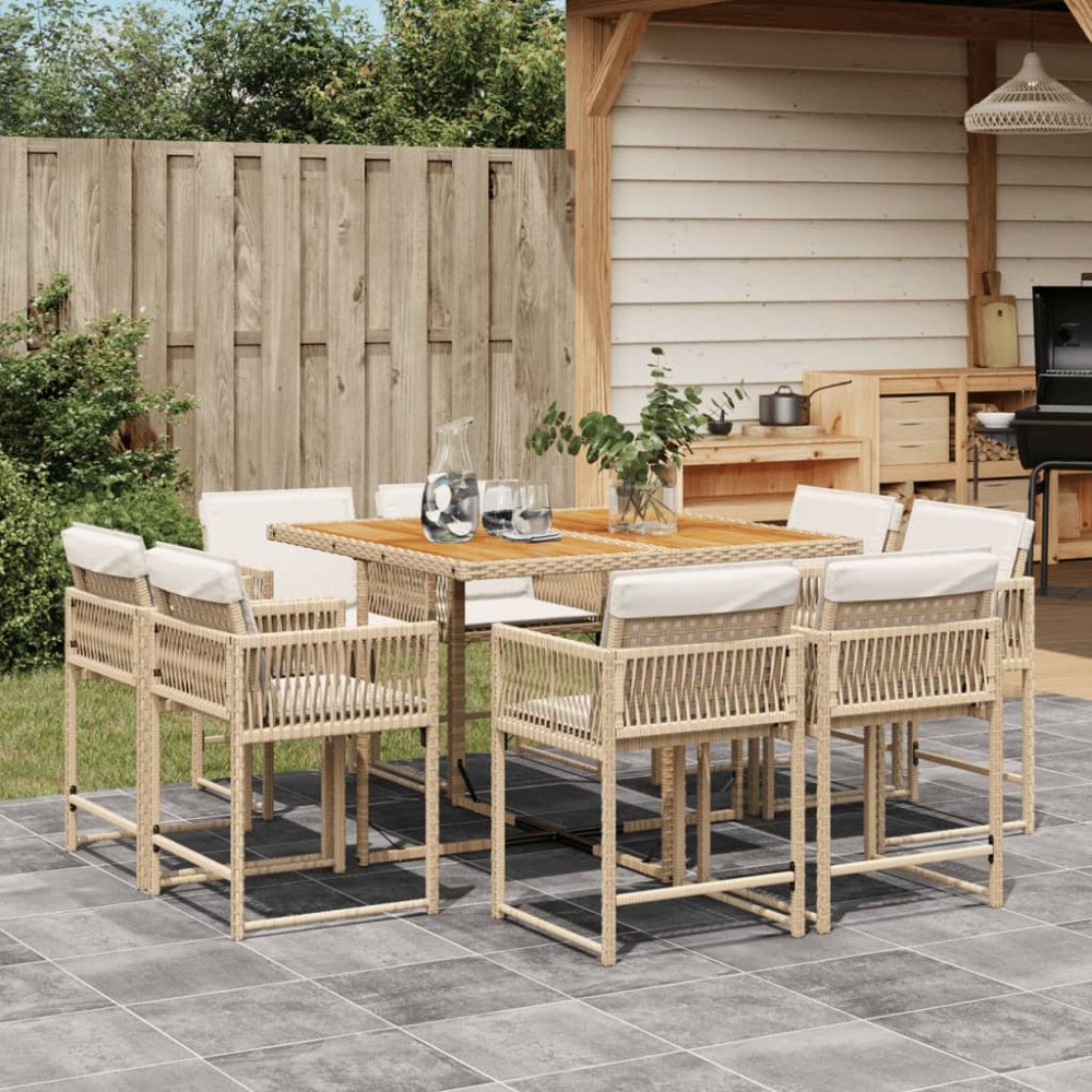 vidaXL Matgrupp för trädgården med dynor 9 delar beige konstrotting