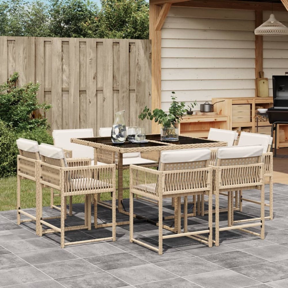 vidaXL Matgrupp för trädgården med dynor 9 delar beige konstrotting