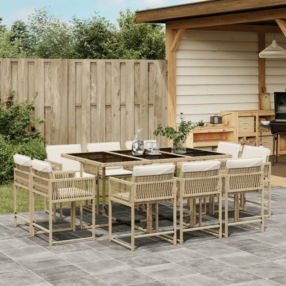 vidaXL Matgrupp för trädgården med dynor 11 delar beige konstrotting