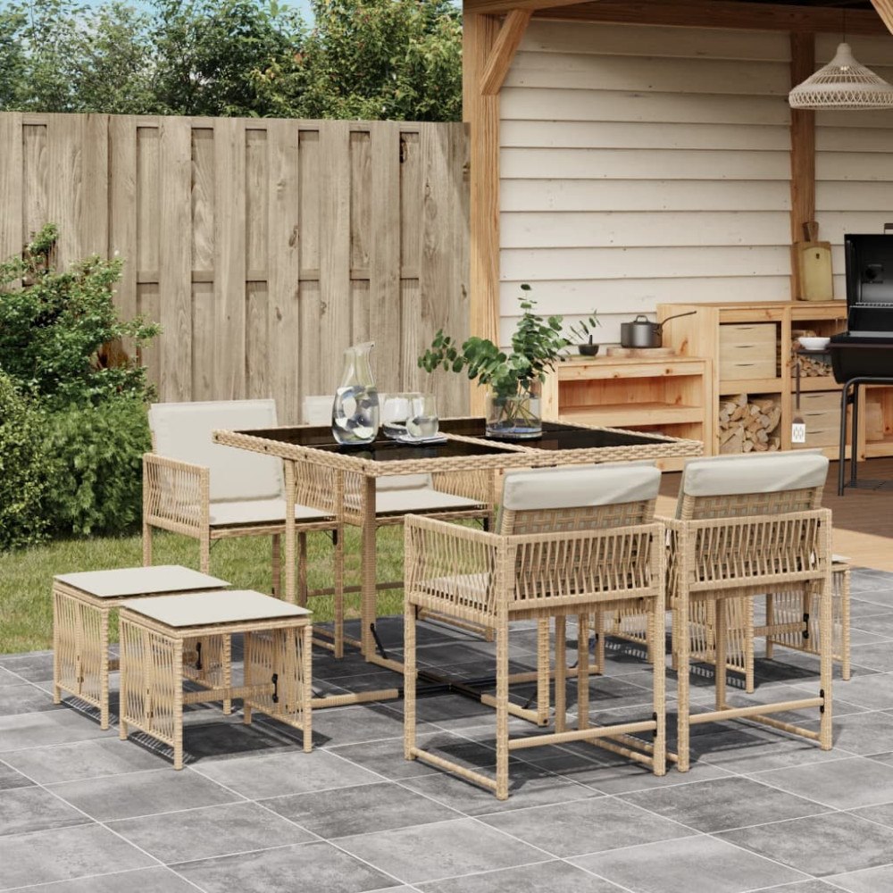 vidaXL Matgrupp för trädgården med dynor 9 delar beige konstrotting