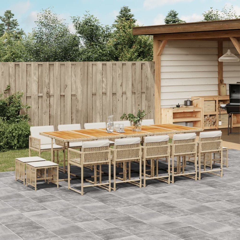 vidaXL Matgrupp för trädgården med dynor 15 delar beige konstrotting