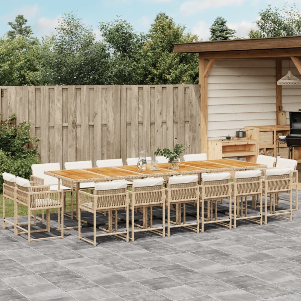 vidaXL Matgrupp för trädgården med dynor 17 delar beige konstrotting
