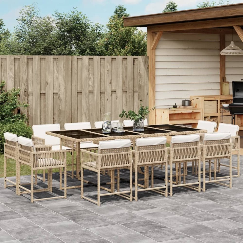 vidaXL Matgrupp för trädgården med dynor 13 delar beige konstrotting