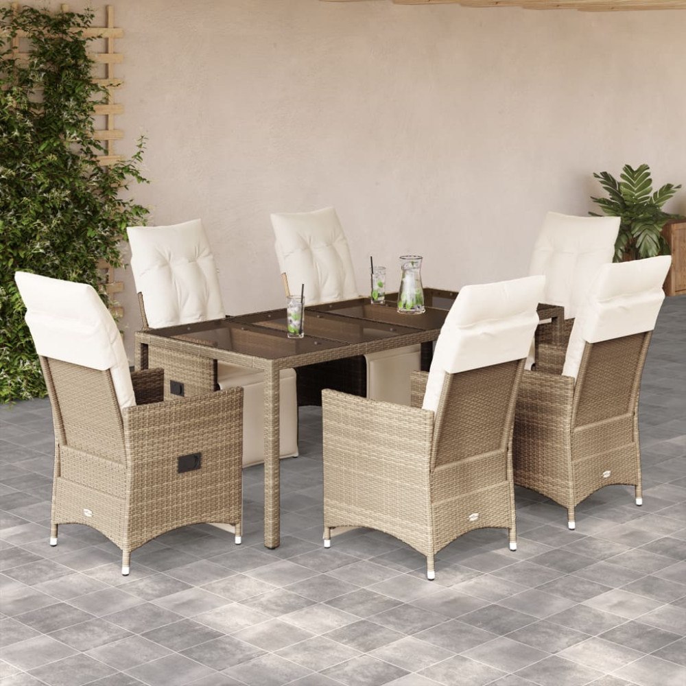 vidaXL Caféset för trädgården 7 delar med dynor beige konstrotting